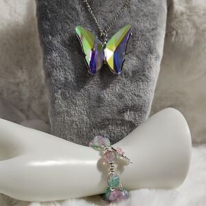 Iridescent Butterfly Necklace and Handmade Pastel Beaded Bracelet Set